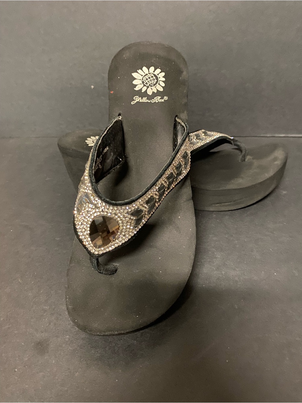 Yellow Box Black Jeweled Wedge Thong Sandal - Picture 1 of 4